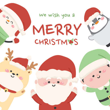 Holiday.Merry Christmas.Cute greeting santa claus,snow man,penguin,reindeer and elf on white background.Cartoon character.Image for card,banner,baby product.Kid graphic design.Kawaii.Winter.Vector.Illustration.のイラスト素材