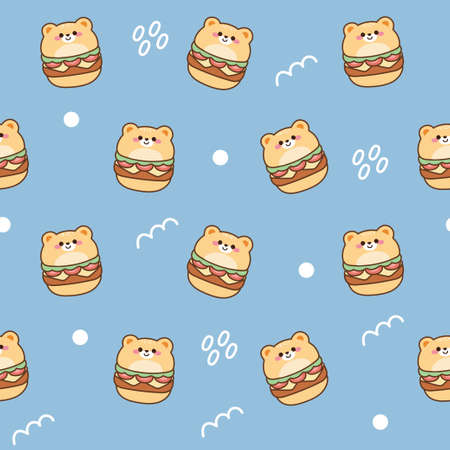 Repeat.Seamless pattern of cute bear hamburger cartoon on blue background.Character animal design.Kid graphic.Food concept.Kawaii.Vector.Illustrationのイラスト素材