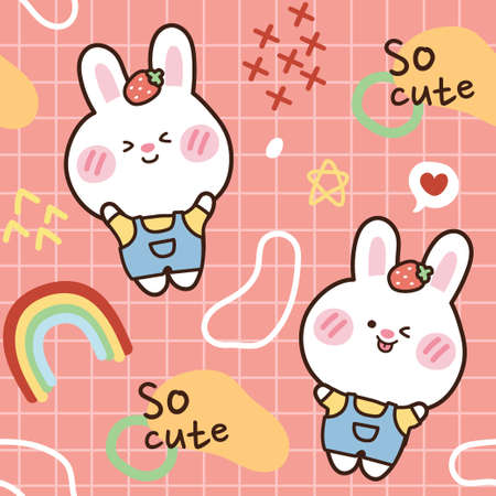 Seamless pattern of cute rabbit have strawberry on head cartoon on pink background.Bunny hand drawn banner.Character design.Animal.Kid Cloth.Art.Mascot.Kawaii.Vector.illustration.の写真素材
