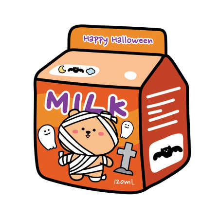 Halloween concept.Cute bear in mummy costume with ghost on milk box cartoon.Image for sticker,card,screen,background.Animal character design.Kawaii.Isolated.Vector.Illustration.のイラスト素材