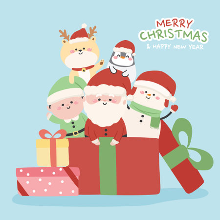 Cute santa claus,elf,snow man,penguin and reindeer in big x-mas gift box cartoon on blue background.Merry christmas and happy new year.Animals character.Kawaii.Vector.Illustration.のイラスト素材