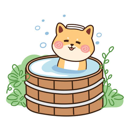 Cute shiba inu dog in bathtub.Cartoon character design.Animal hand drawn.Japanese.Kawaii.Vector.Illustrationのイラスト素材