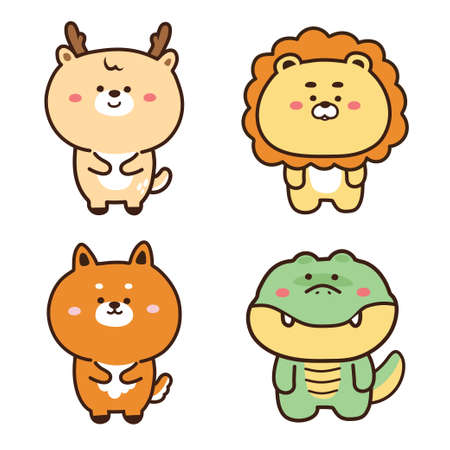 Set of cute cartoon flat style design.Animals wild concept.Deer,lion,fox and crocodile.Isolated.Vector.Illustration.のイラスト素材