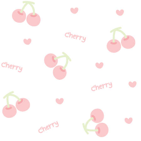 Seamless pattern of cute cherry with heart on white background. Fruit hand drawn cartoon.