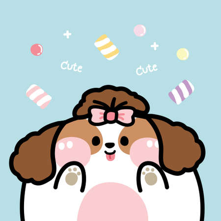 Cute fat dog with candy and marshmellow on blue background.Cartoon animal character design.Image for card,poster,baby clothing.Kid graphic.Kawaii.Vector.Illustration.のイラスト素材