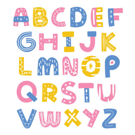 Set of cute font cartoon design.Abstract concept.Text hand drawn collection.Kawaii.Vector.Illustration.のイラスト素材