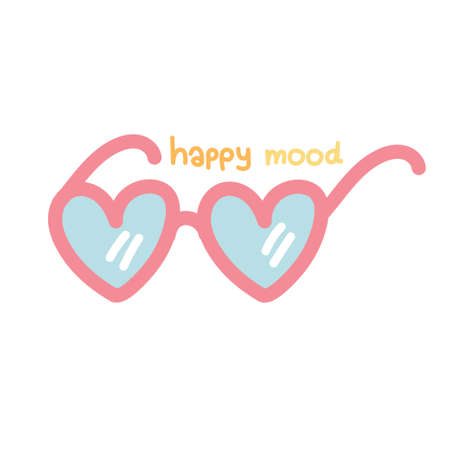 Pink glasses in heart shape with happy mood text on white background.Font handwritten cartoon design.Kawaii.Vector.Illustration.のイラスト素材