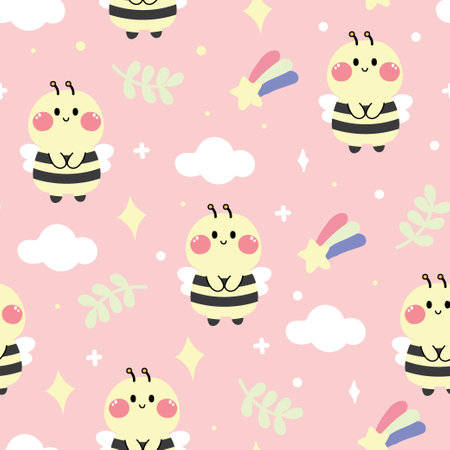 Seamless pattern of cute bee on pink background. Sky, rainbow, star, leaf hand drawn.のイラスト素材