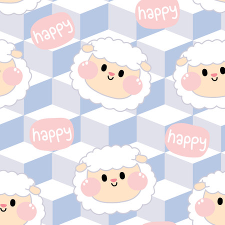 Seamless pattern of cute sheep face with happy word.Animal character design.Blue pastel background.のイラスト素材