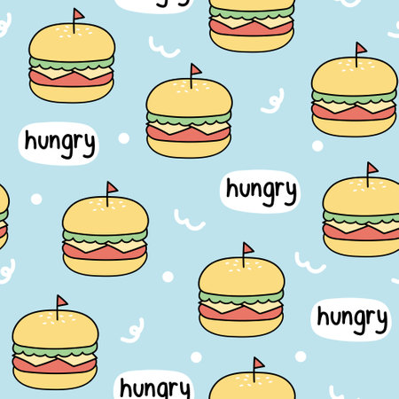 Seamless pattern of cute hamburger cartoon on blue background.Fast food hand drawn.の写真素材