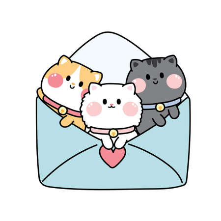 Cute cat in letter cartoon hand drawn.Paper mail.Animal character design.Image for card,poster,sticker,baby tshirt.Isolated.Kawaii.Vector.Illustration.のイラスト素材