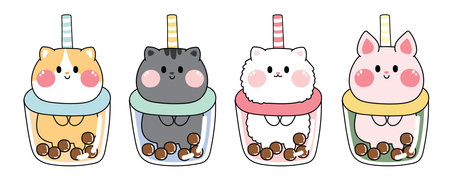 Set of cute cat stay in bubble milk tea.Meow collection.Kawaii animal character hand drawn.Kid graphic design.Pet.Isolated.Vector.Illustration.のイラスト素材