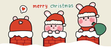 Set of cute rabbit santa in chimney house with snow.Animal character cartoon.Pet hand drawn.Winter.Happy new year festival.Holiday.Kid graphic design.Kawaii.Vector.Illustration.のイラスト素材