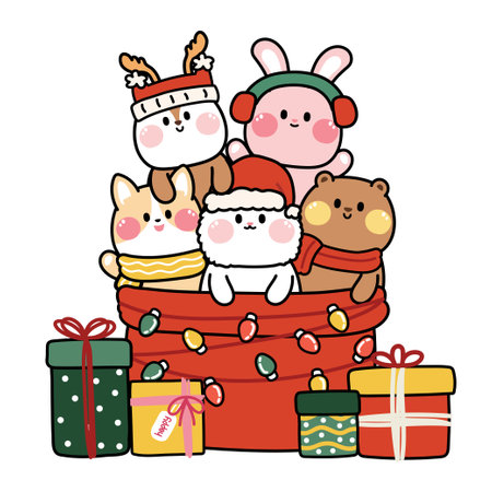 Cute animals in santa bag with gift on white background.Animal cartoon character design.Merry christmas.New year.Deer,rabbit,dog,cat,bear hand drawn.Kawaii.Vector.Illustration.のイラスト素材