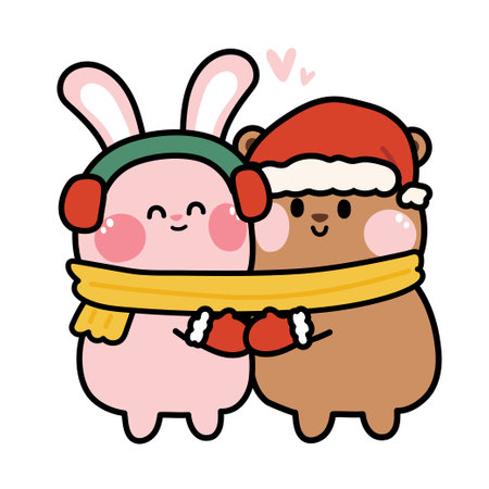 Cute rabbit and bear wear christmas costume hug together.Winter concept.Animal character cartoon design.Couple.Love.Holiday.Kawaii.Vector.Illustration.のイラスト素材
