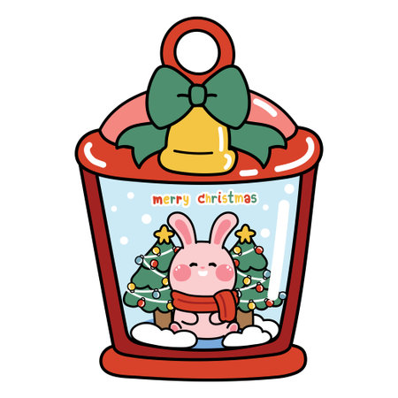 Cute rabbit sit in christmas lamp with snow winter background cartoon.Merry christmas text.Bell.Animal character design.Isolated.Kawaii.Vector.Illustration.のイラスト素材