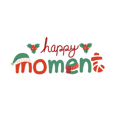 Happy moment text hand drawn cartoon in christmas concept on white background.Font design.Winter.New year.Kawaii.Vector.Illustration.のイラスト素材