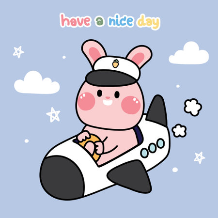 Cute rabbit captain on airplane cartoon with have a nice day text.Sky background.Animal character design.Transportation.Kawaii.Vector.Illustration.のイラスト素材