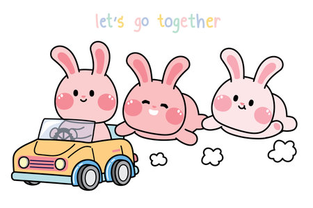 Cute rabbit touch together drive car on white background.Animal character cartoon design.Holiday,trip,vacation,travel concept.Pastel.Kawaii.Vector.Illustration.のイラスト素材