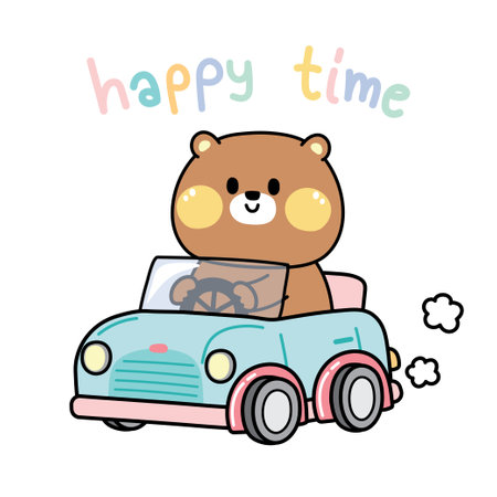 Cute teddy bear drive car with happy time text.Animal character cartoon design.Travel,trip,holiday concept.Image for card,poster,baby clothing design.Kawaii.Vector.Illustration.のイラスト素材