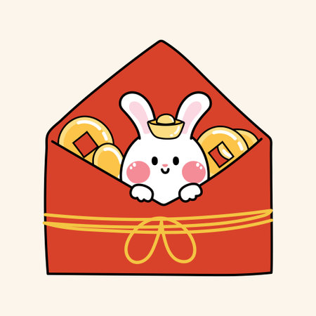 Cute rabbit in red paper mail with gold and coin money. New year concept. Animal cartoon hand drawn.のイラスト素材