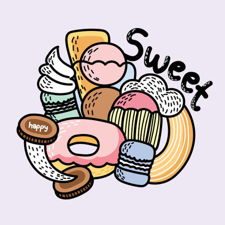 Cute various dessert in doodle style.Sweet hand drawn cartoon.のイラスト素材