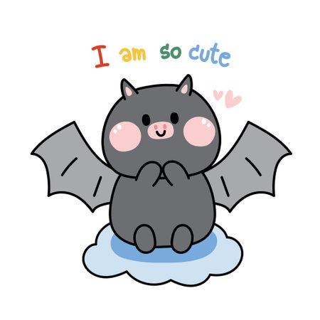 Cute bat sit on cloud with I am so cute text on white background.Funny animals character cartoon design.Kawaii.Vector.Illustration.のイラスト素材