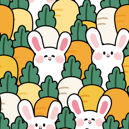 Seamless pattern of cute rabbit with carrot background.Easter day. Spring.Vegetable and animal hand drawn. Bunny doodle.のイラスト素材