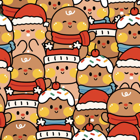 Seamless pattern of cute gingerbread in winter costume.Merry christmas dessert hand drawn.Cartoon character design.のイラスト素材