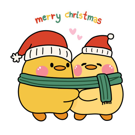 Cute chicken couple in winter costume hug together with merry chritmas text.Farm animal character cartoon design.Isolated.Kawaii.Vector.Illustration.のイラスト素材