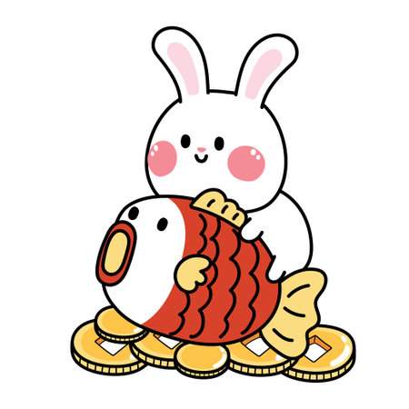 2023.Cute rabbit stay on fish and gold money on background. Animal character cartoon design.のイラスト素材