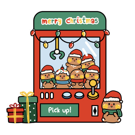 Cute toy catcher with gift box in christmas concept.Gingerbread doll hand drawn.Cartoon character design.Winter.New year.Fun time.Kid playing.Kawaii.Vector.Illustration.のイラスト素材