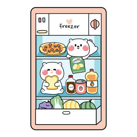 Cute bear in refrigerator with food and beverage cartoon.Animal character design.Pizza,fruit,vegetable,drink hand drawn.Teddy.Freezer.Isolated.Kawaii.Vetor.Illustration.のイラスト素材