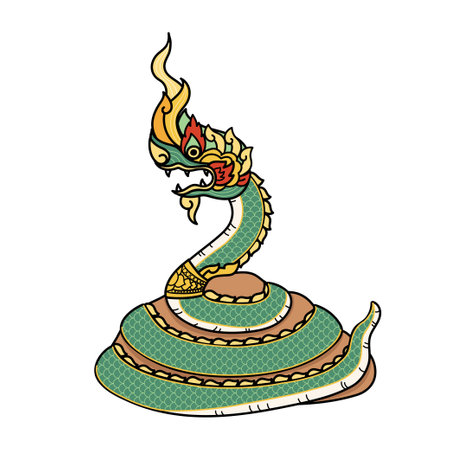 Thai big snake on white background.Cartoon hand drawn style.Naga.Asian dragon.Tradition thai art.のイラスト素材