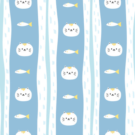 Seamless pattern of cute cat face and fish on blue background. Pet cartoon character design.のイラスト素材