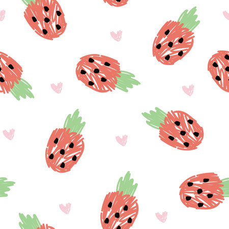 Seamless pattern of cute strawberry with heart in hand drawn on white background.のイラスト素材