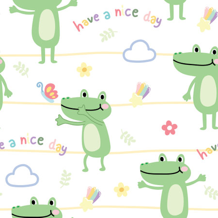 Seamless pattern of cute crocodile in various poses on white background. Rainbow, star, flower, leaf, cloud hand drawn. Wild animal character cartoon.のイラスト素材