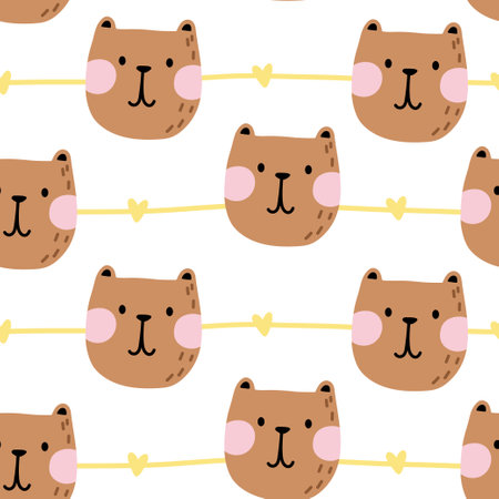 Seamless pattern of cute bear face on yellow line with heart on white backgorund.Wild animal character cartoon design.Baby clothing.Kawaii.Vector.Illustration.のイラスト素材