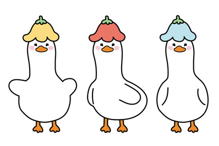 Set of cute duck have flower on head in various poses on white background.Animal character cartoon design.Spring concept.Kawaii.Vector.Illustration.のイラスト素材