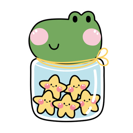 Cute smile crocodile head jar have star candy inside.Wild animal face cartoon hand drawn.Sweet and dessert.Isolated.Kawaii.Vector.Illustration.のイラスト素材