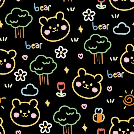 Seamless pattern of cute face bear with icon on black background.Wild animal character cartoon design.Tree,bee,heart,flower,cloud.Baby clothing.Jungle.Kawaii.Vector.Illustration.のイラスト素材