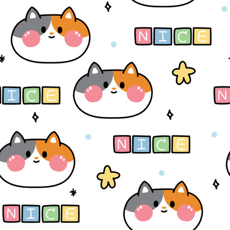 Seamless pattern of cute cat face with nice word on white backgorund.Pet animal character cartoon design.Image for card,poster,baby clothing.Kawaii.Vector.Illustration.のイラスト素材