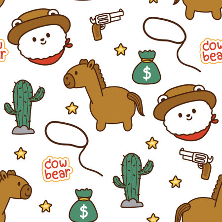 Seamless pattern of cute animal in cowboy concept on white background.Teddy bear face hand drawn.Horse,gun,star,money bag,cactus.Kawaii.Vector.Illustration.のイラスト素材