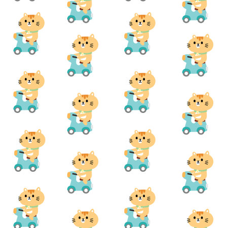 Seamless pattern of cute cat ride bike on white background.Pet animal character cartoon design.Image for card,poster,baby clothing.Meow lover.Kawaii.Vector.Illustration.のイラスト素材