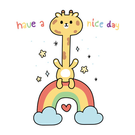 Cute giraffe sit on rainbow with have a nice day text on white background.Animal character.Kid graphic design.Kawaii.Vector.Illustration.のイラスト素材