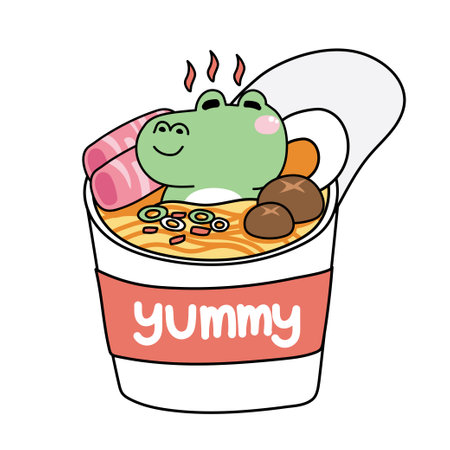 Cute relax crocodile stay with egg and meat in noodle cup instant.Wild animal character design cartoon.Japanese food.Ramen.Kawaii.Vector.Illustration.のイラスト素材