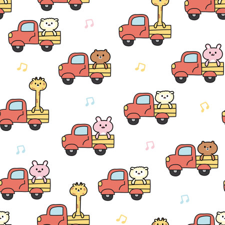 Seamless pattern of cute animal sit on truck with music note on white background.Baby clothing print screen.Rabbit,giraffe,sheep,bear cartoon hand drawn.Kawaii.Vector.Illustration.のイラスト素材