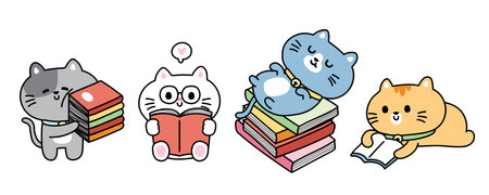 Set of cute cat with book in various poses on white background.Reading book.Pet animal character design collection.Student.Study.Meow lover.Kawaii.Vector.Illustration.のイラスト素材