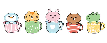 Set of cute animals stay in cup on white background.Wild and pet animal hand drawn collection.Penguin,cat,rabbit,bear,crocodile.Kid graphic.Kawaii.Vector.Illustration.のイラスト素材