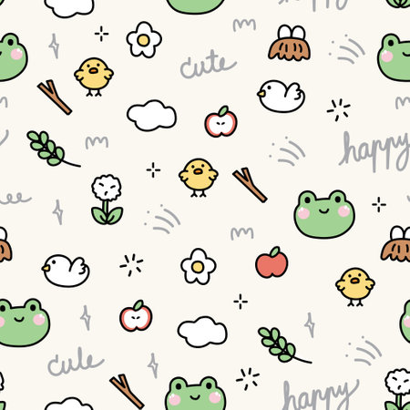 Seamless pattern of wild animal and tiny icon background.Frog,bird,chicken hand drawn.Leaf and flower cartoon.Apple fruit.Cloud.Jungle.Kawaii.Vector.Illustration.のイラスト素材